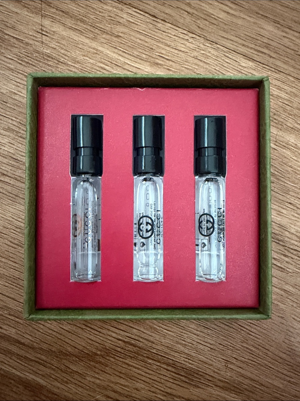 Gucci Perfume Sample Trio - Clear vials with Black caps and Red insert
